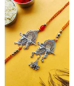 Oxidised Silver Krishna Fetaher Couple Rakhi Set for Brother-Bhabhi