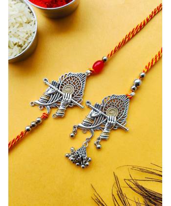 Oxidised Silver Krishna Fetaher Couple Rakhi Set for Brother-Bhabhi