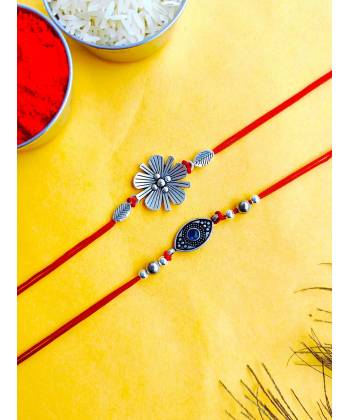 Floral-Evil Eye Oxidised Silver Rakhi Set for Brother