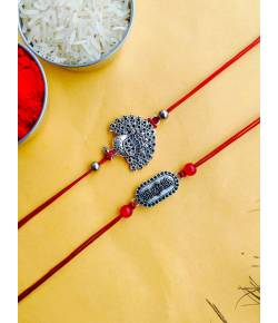 Peacock-Om Oxidised Silver Rakhi Set for Brother- Bhabhi