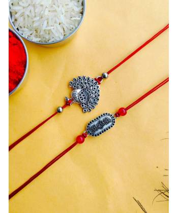 Peacock-Om Oxidised Silver Rakhi Set for Brother- Bhabhi