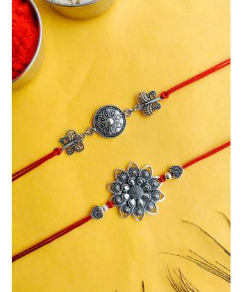 Oxidised Silver Rakhi Set for Brother - Bhabhi with Roli & Chawal