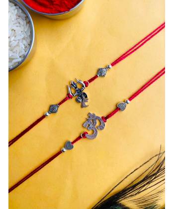 Om-Trishul Oxidised Silver Rakhi Set for Brother Bhabhi-Pack of 2