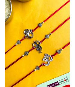 Om-Trishul-Ganpati Oxidised Silver Rakhi Set for Brother and Bhabhi