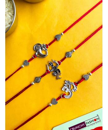 Om-Trishul-Ganpati Oxidised Silver Rakhi Set for Brother and Bhabhi