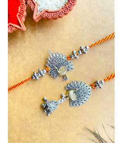 Oxidised Silver Peacock Couple Rakhi Set for Bhaiya Bhabhi