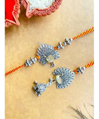 Oxidised Silver Peacock Couple Rakhi Set for Bhaiya Bhabhi