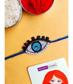 Buy Online Crunchy Fashion Earring Jewelry White-Blue Handmade Evil Eye Rakhi for Brother & Bhabhi Rakhi CFRKH0234