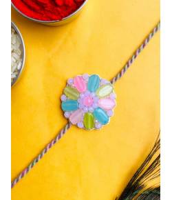 Handmade Pastel Pink-Blue Beaded Rakhi for Brother & Bhabhi