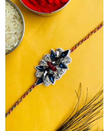 White-Blue Beaded Rakhi for Brother & Bhabhi - Raksha Bandhan Special 2024