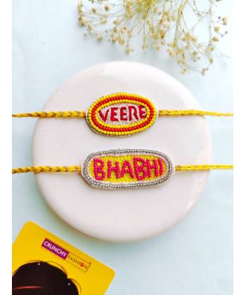 Handmade Pink-yellow Rakhi Combo for Bhai & Bhabhi