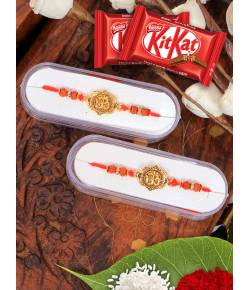 Crunchy Fashion Gold-Plated OM & Rudraksh Rakhi Set & KitKat Chocolate GCFRKH0043