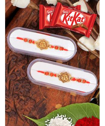 Crunchy Fashion Gold-Plated OM & Rudraksh Rakhi Set & KitKat Chocolate GCFRKH0043