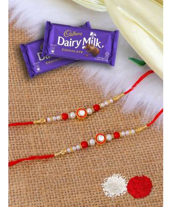 Crunchy Fashion Red & White Kundan Rakhi Set & Dairy Milk Chocolates GCFRKH0077