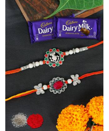Crunchy Fashion Oxidized Silver Traditional Rakhi Set & Dairy Milk Chocolates GCFRKH0091 