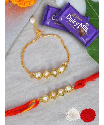 Crunchy Fashion Kundan Bhaiya Bhabhi Rakhi Set With Choclates GCFRKH0104