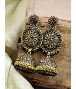 Crunchy Fashion Gold plated Floral Black Jhumka Earring RAE0718