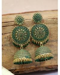 Buy Online Royal Bling Earring Jewelry Green & Magenta Pink Ethnic Kundan Pearl Jhumkas For Jewellery RAE2431
