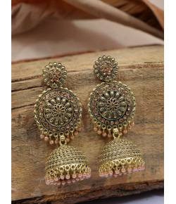 Traditional Gold plated Round Floral Peach Color Jhumka Earring RAE0728