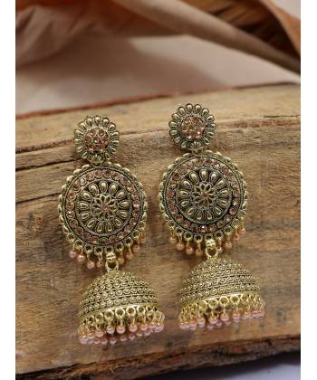 Traditional Gold plated Round Floral Peach Color Jhumka Earring RAE0728