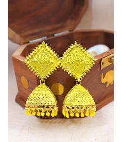 Traditional Gold plated Yellow Square Jhumka Jhumki Earrings RAE0729