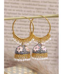 Crunchy Fashion Gold-Plated Floral Meenakari & Pearl Grey Hoop Jhumka Earrings RAE0893