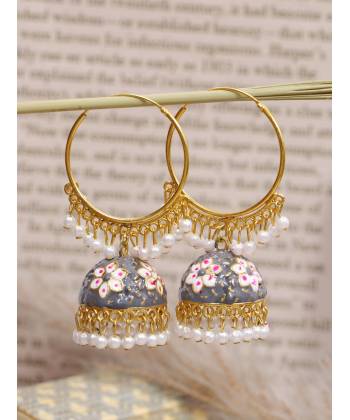 Crunchy Fashion Gold-Plated Floral Meenakari & Pearl Grey Hoop Jhumka Earrings RAE0893