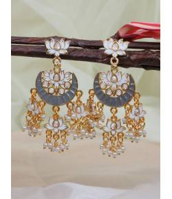 Crunchy Fashion Traditional  Grey Meenakari Kundan White Lotus Chandbali Beads Earrings RAE1039
