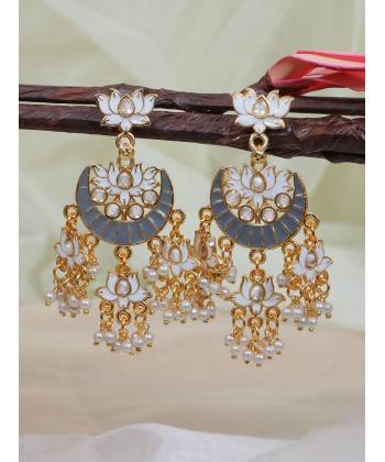 Crunchy Fashion Traditional  Grey Meenakari Kundan White Lotus Chandbali Beads Earrings RAE1039