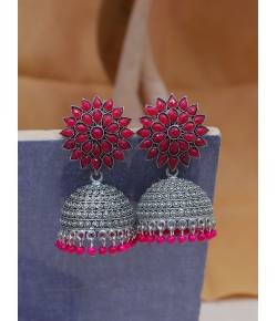 Oxidised Sliver Royal Pink Floral Earrings RAE1078