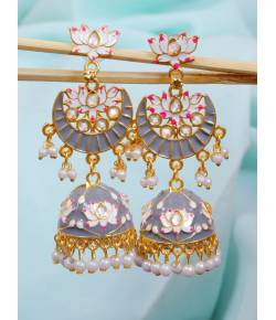 Ethnic Gold-Plated Lotus Style Grey Jhumka Earrings With White Pearls RAE1158