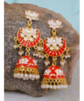 Ethnic Gold-Plated Lotus Style Red Jhumka Earrings With White Pearls RAE1159