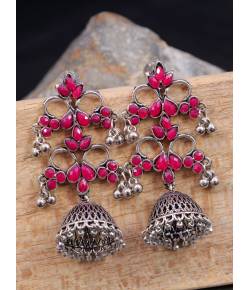Oxidised German Silver Studded Antique  Pink Stone work Earrings RAE1219