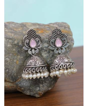 Oxidized Silver Pink Stone Lotus Jhumka Earrings  for Women/Girls