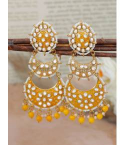 Gold-Plated Yellow Crystal/Pearl Double Layered Chandbali Earrings For Women/Girl's