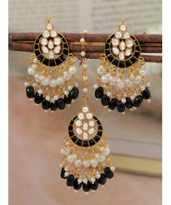Crunchy Fashion Gold-Plated Black Chandbali Kundan Pearl Earrings Tikka Set RAE2153