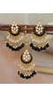 Crunchy Fashion Gold-Plated Black Chandbali Kundan Pearl Earrings Tikka Set RAE2153