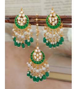 Crunchy Fashion Gold-Plated Green Chandbali Kundan Pearl Earrings Tikka Set RAE2154