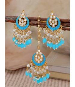 Crunchy Fashion Gold-Plated Blue Chandbali Kundan Pearl Earrings Tikka Set RAE2156