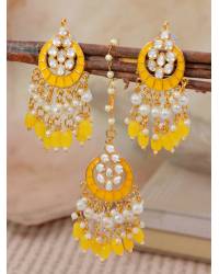 Buy Online Crunchy Fashion Earring Jewelry Ethnic Gold-Plated Lotus Style Green Jhumka Earrings With White Pearls RAE1151 Jewellery RAE1151