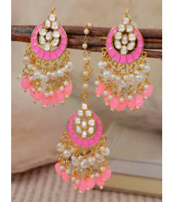 Crunchy Fashion Gold-Plated Pink Chandbali Kundan Pearl Earrings Tikka Set RAE2158