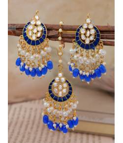 Crunchy Fashion Gold-Plated  Blue Chandbali Kundan Pearl Earrings Tikka Set RAE2159