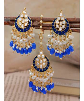 Crunchy Fashion Gold-Plated  Blue Chandbali Kundan Pearl Earrings Tikka Set RAE2159