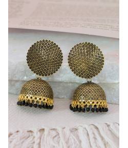 Crunchy Fashion Gold-Plated Punjabi Dropping Green Beads Jhumki Earring RAE2168