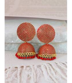 Crunchy Fashion Gold-Plated Punjabi Dropping Hot Red  Beads Jhumki Earring RAE2169