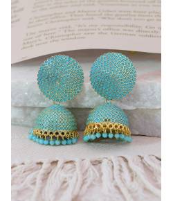 Crunchy Fashion Gold-Plated Punjabi Dropping Turquoise Blue Beads Jhumki Earring RAE2170