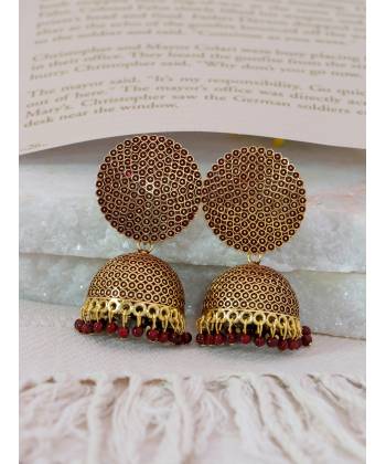Crunchy Fashion Gold-Plated Punjabi Dropping Maroon Beads Jhumki Earring RAE2171
