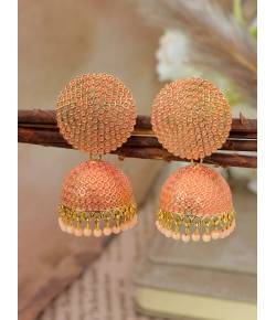 Crunchy Fashion Gold-Plated Punjabi Dropping Peach Beads Jhumki Earring RAE2175