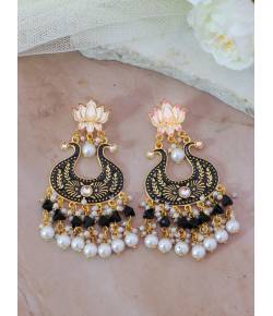 Crunchy Fashion Gold-plated Black Lotus Kundan Drop & Dangler Earrings RAE2186
