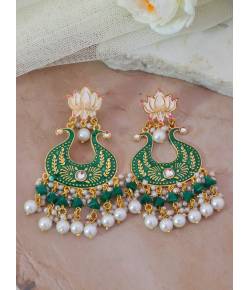Crunchy Fashion Gold-plated Green Lotus Kundan Drop & Dangler Earrings RAE2187